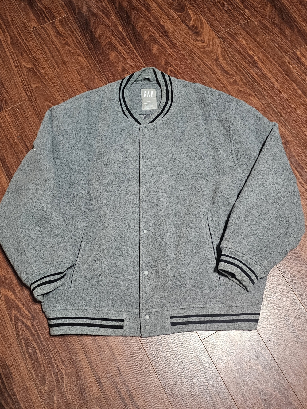 GAP Gray Varsity-Style Bomber Jacket with Black Stripe Trim